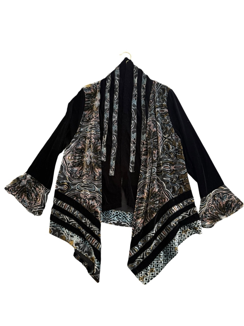 Vintage Silk Velvet Burnout Printed Open-Front Women's Sweater Jacket Boho Med
